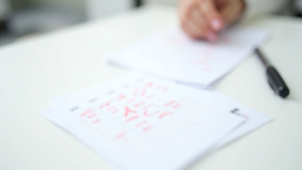 Close-up van een schone witte kalender met rode markeringen en vinkjes, pen ernaast, heldere tafelverlichting, minimalistisch arrangement, onscherpe achtergrond