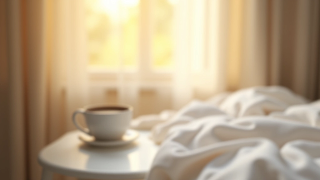 Kopje koffie op nachtkastje, warme ochtendverlichting door raam, minimalistische slaapkamer met witte lakens