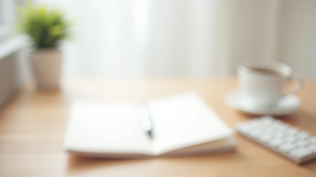 Minimalistische werkplek met notitieboekje, pen en kopje thee op houten tafel, ochtenddaglichting, schone achtergrond