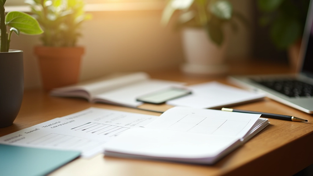 Moderne werkruimte met dagelijks routine planning materialen, warme natuurlijke verlichting, organisatie en focus atmosfeer