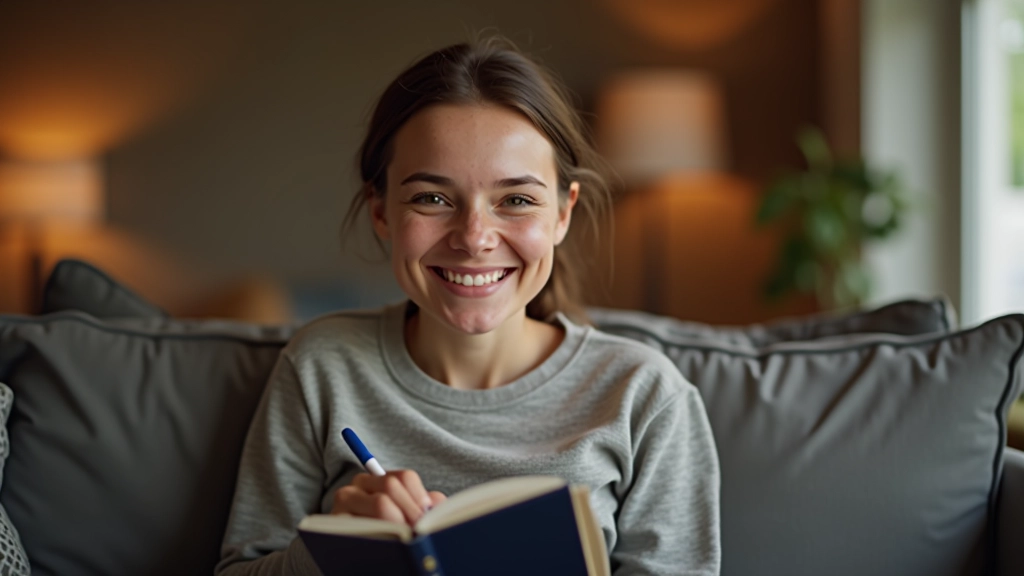 Persoon zit ontspannen op bank met glimlach, notitieboek in schoot met aantekeningen zichtbaar, warm huislicht, vertrouwen en voldoening uitstralend