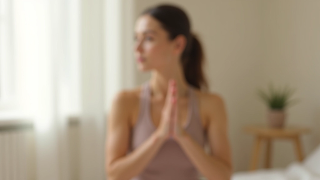 Persoon doet yogaoefeningen in slaapkamer, zacht ochtendlicht, rustige houding, gezond wakker worden