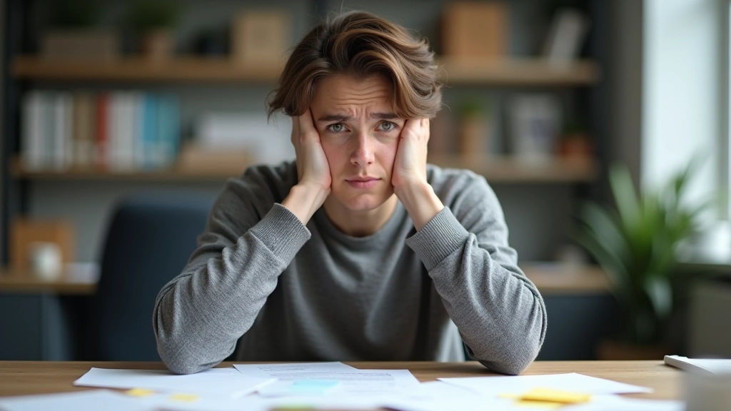 Persoon zittend aan bureau met notitieboekje, voelt zich overweldigd door veel post-it notities