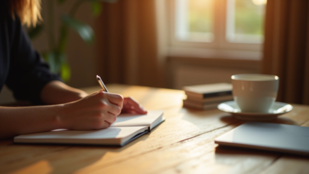 Persoon aan bureau met dagboek en planning, concentratie, warm daglicht, minimalistisch kantoor