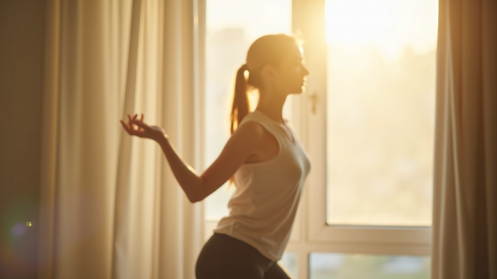 Persoon die strekt bij het raam, ochtendzonlicht, minimalistisch slaapkamer interieur, gezond leven
