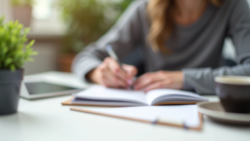 Persoon schrijft doelen en stappen op in notitieboek, potloden en koffie op bureau, zonnig kantoor, gefocuste houding, hand in beeld schrijvend