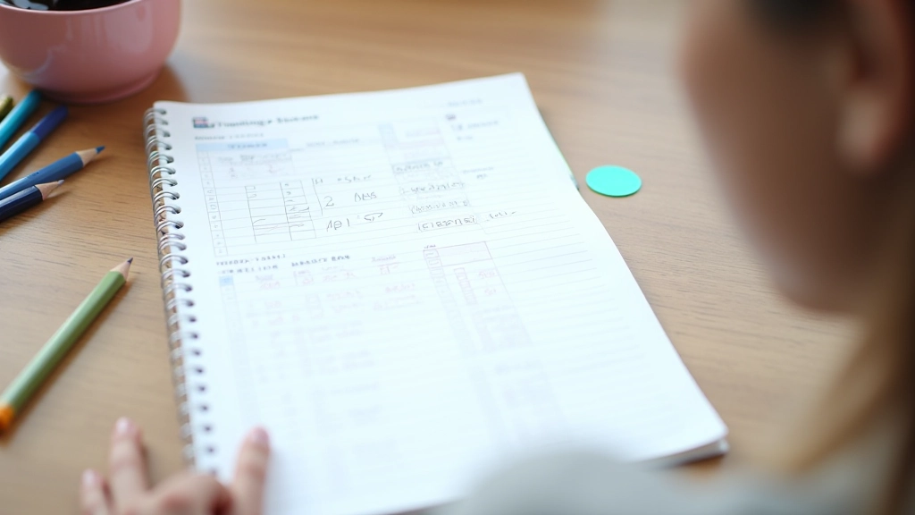 Notitieboekje met streepjes en aantekeningen, kleurpotloden, voortgang bijhouden van doelen