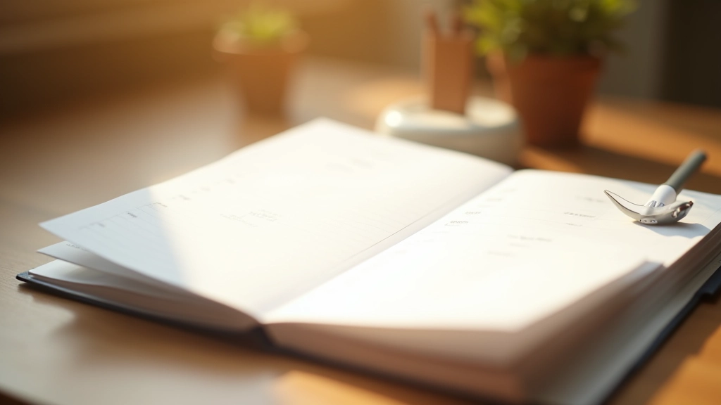Notitieboekje met een weekplanning, pen en kopje thee op een houten tafel, warm zonlicht