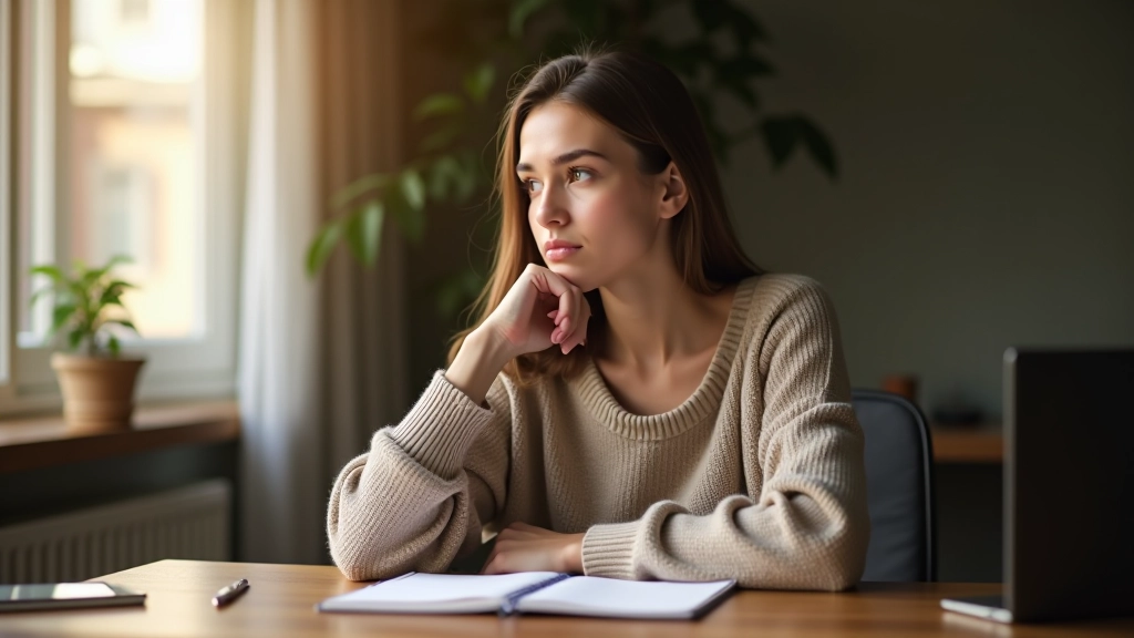 Persoon die aan een houten bureau zit met notitieboek en koffiekopje, ochtendlicht van het raam, gefocuste uitdrukking, onscherpe achtergrond