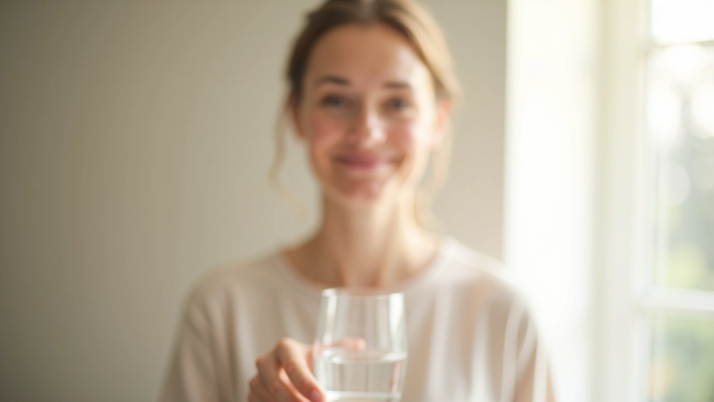 Persoon drinkt water direct na het wakker worden, minimalistisch interieur, ochtendlicht, gezonde start